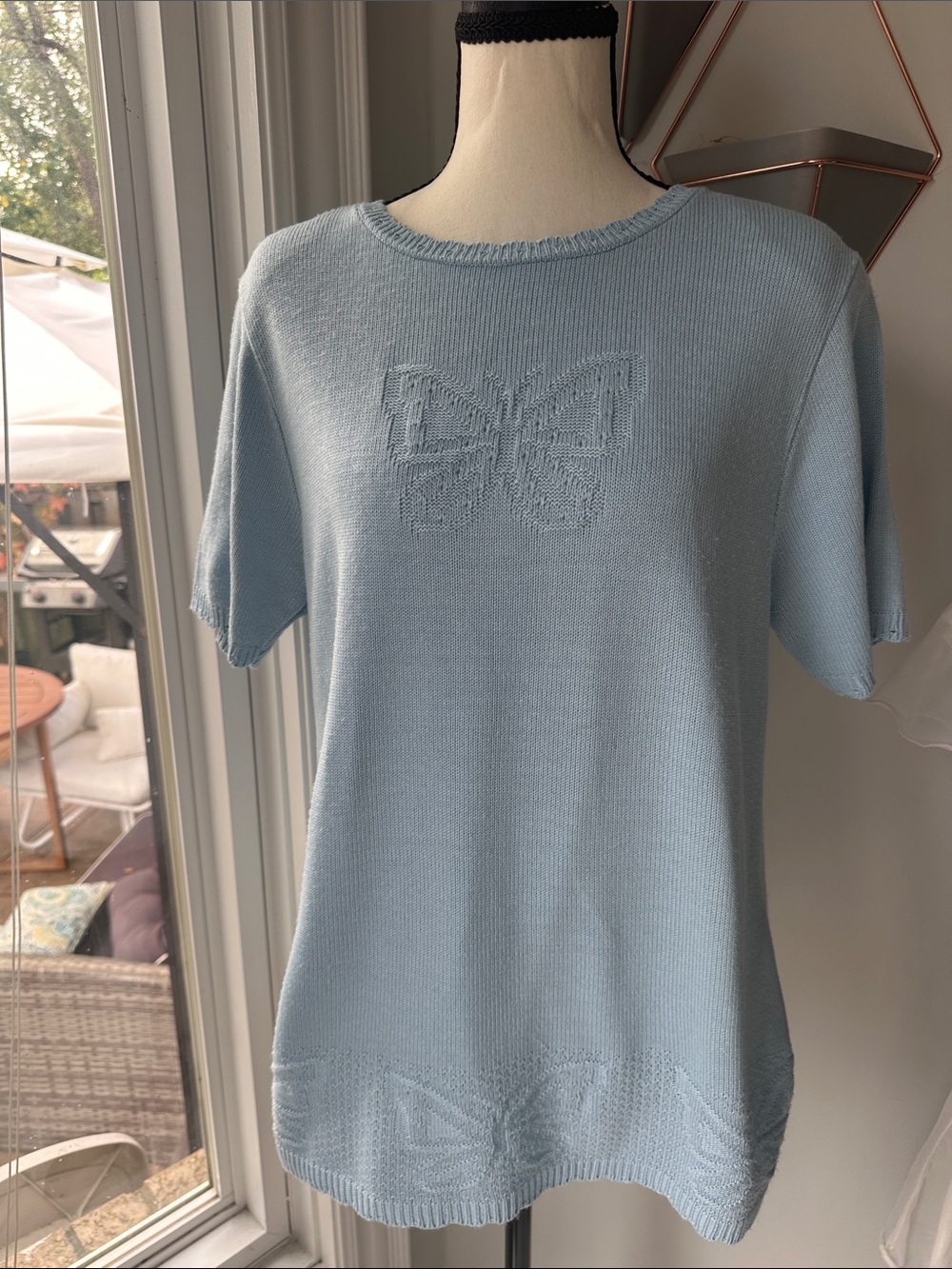 VINTAGE ALFRED DUNNER Light Blue Butterfly Knit Short Sleeve Sweater Top Large